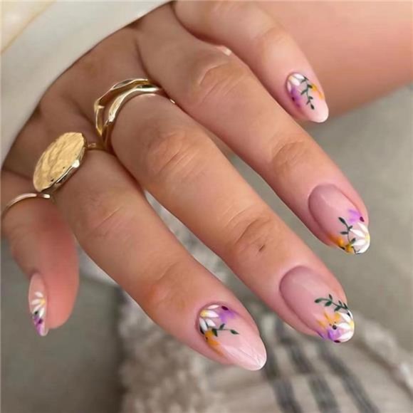 RikView French Tip Press on Nails Medium Acrylic Nails with Flowers Design